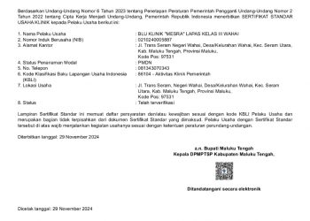 Lewati Berbagai Tahapan, Lapas Wahai PeroIeh Sertifikat Izin Operasional Klinik