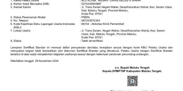 Lewati Berbagai Tahapan, Lapas Wahai PeroIeh Sertifikat Izin Operasional Klinik
