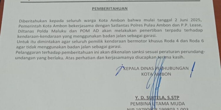 Pemkot Ambon Layangkan Surat Penertiban Kendaraan Parkir di Badan Jalan Kepada Masyarakat