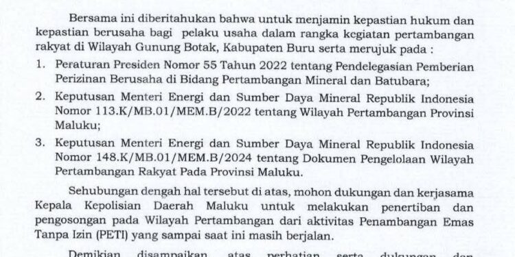 Gubernur Maluku Keluarkan Surat Resmi Penertiban Gunung Botak